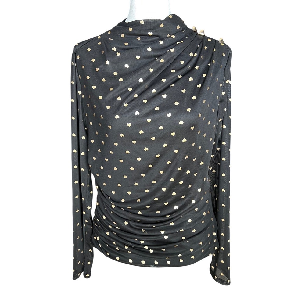 Love Forever Black Gold Metallic Heart Print Ruched Drape Neck Mesh Top Large